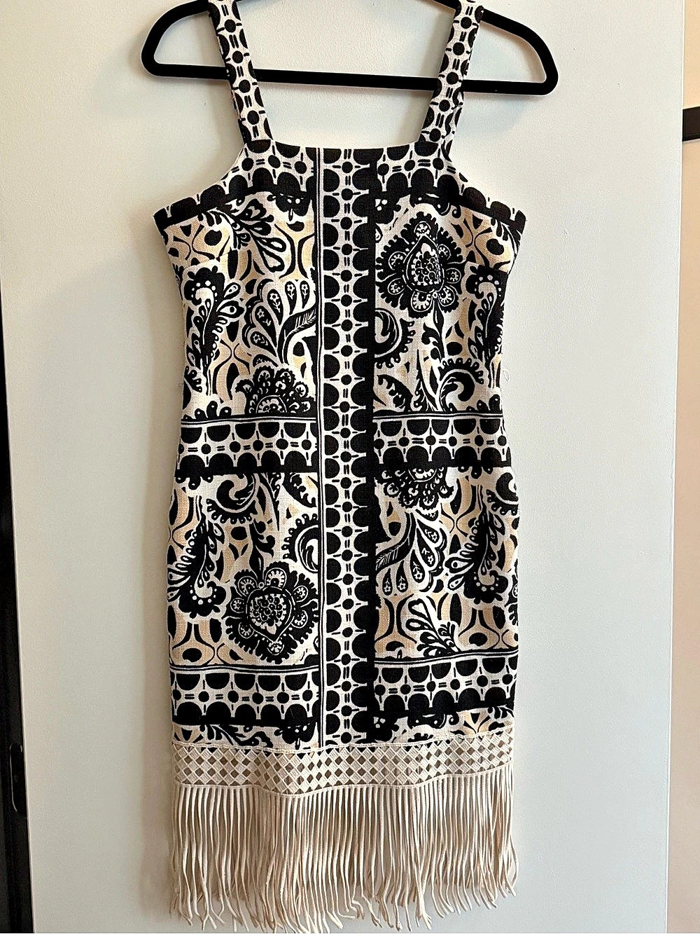 Tahari ASL Border-Print Fringe Dress in Black & White, Medium, Like New